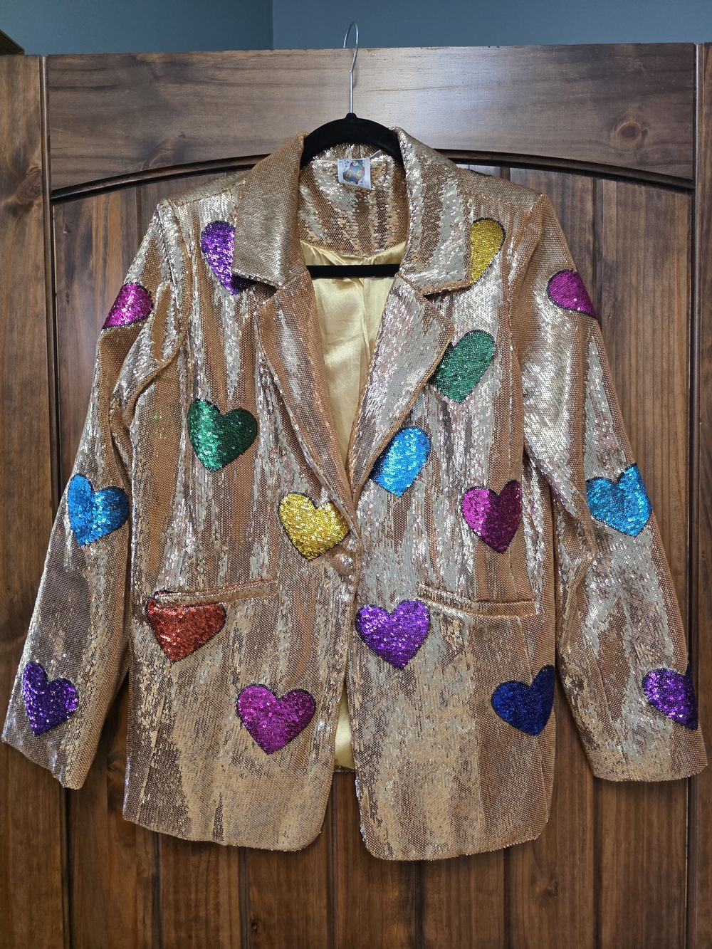 Queen Of Sparkle Gold Sequin Women's Jacket with Colorful Hearts - Size M